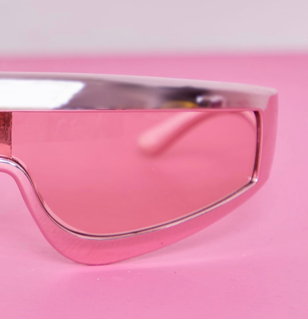 Pink Curved Metallic Frame Visor Sunglasses