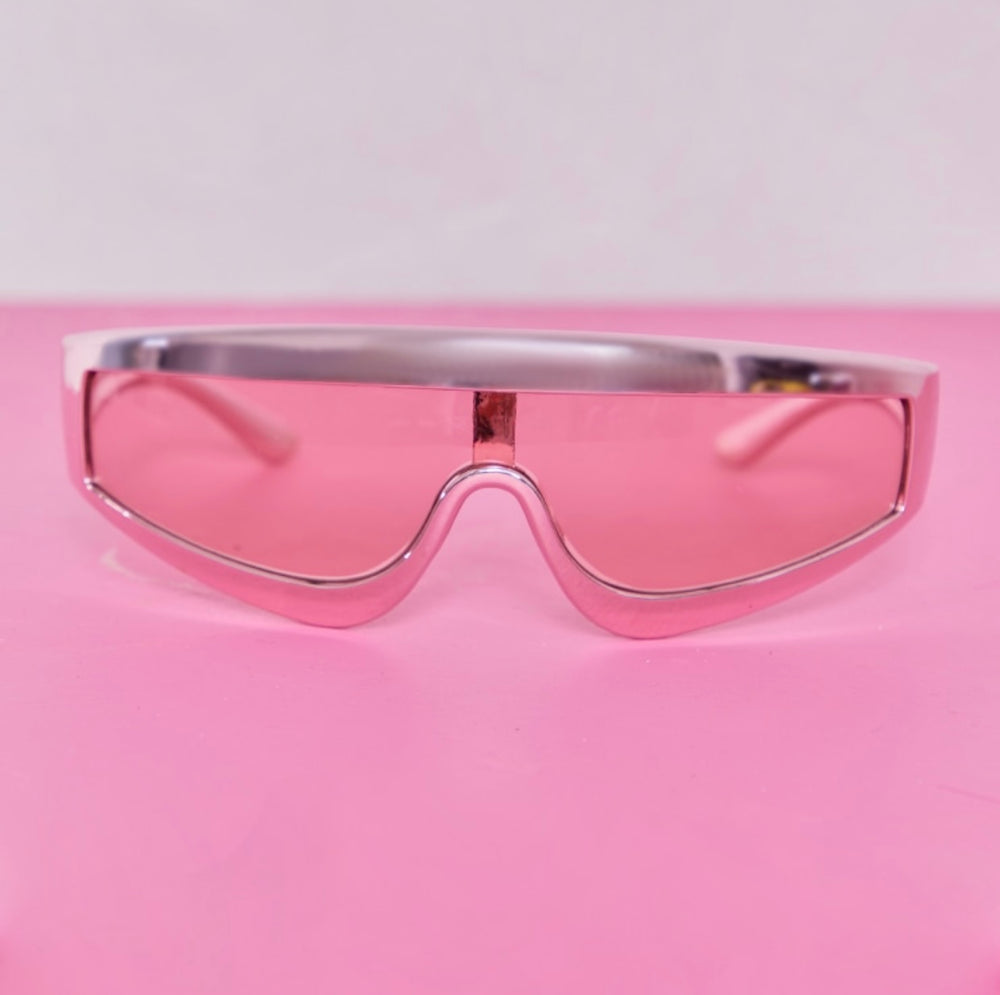 Pink Curved Metallic Frame Visor Sunglasses