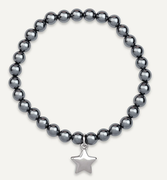 Grey Pearl & Star Elasticated Bracelet In Silver-Tone