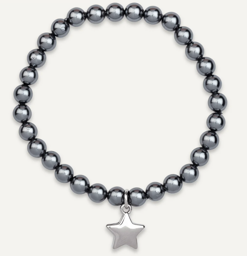 Grey Pearl & Star Elasticated Bracelet In Silver-Tone